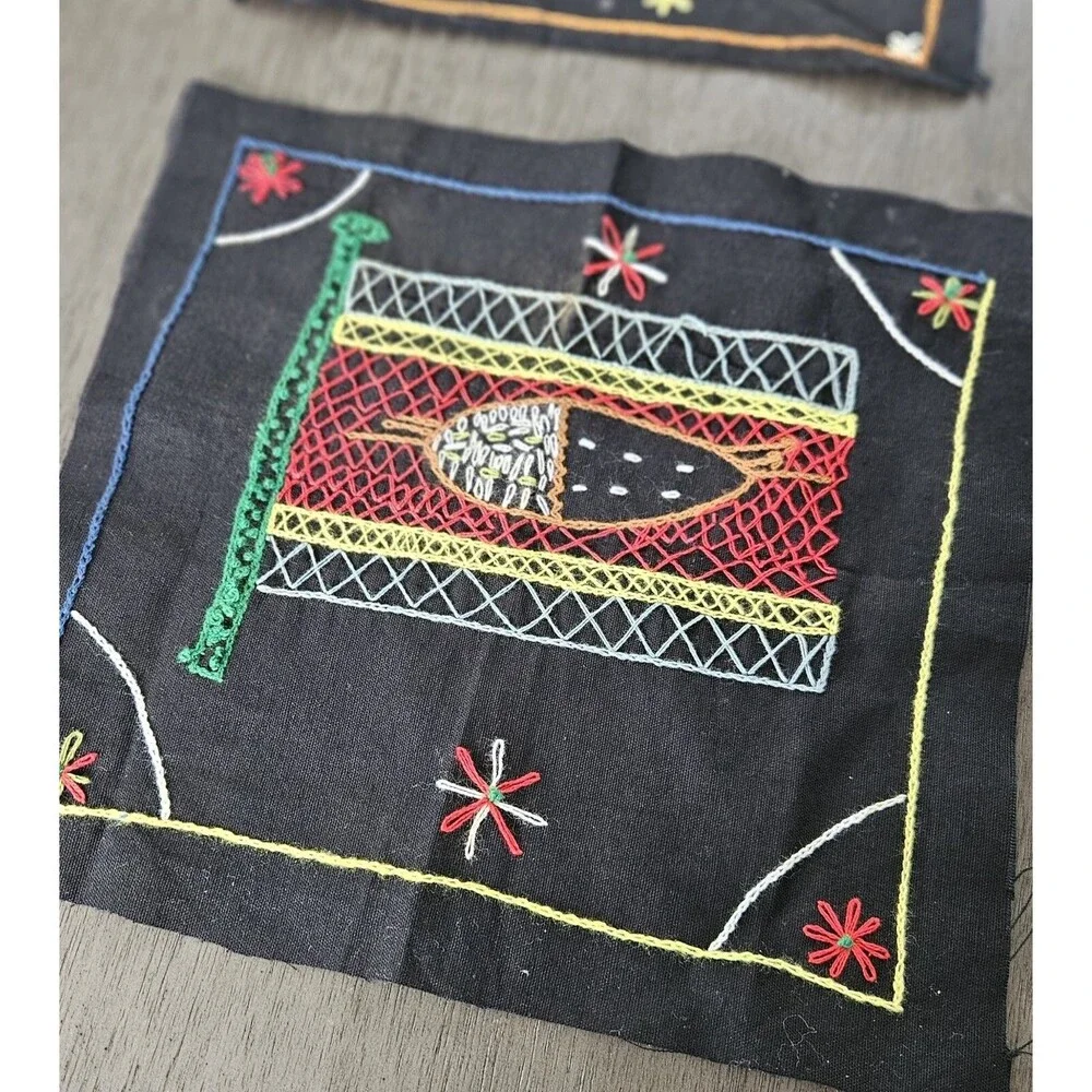 African Hand Embroidered Fabric Art Cotton Multi Colored Giraffe Bird Lot Of 6